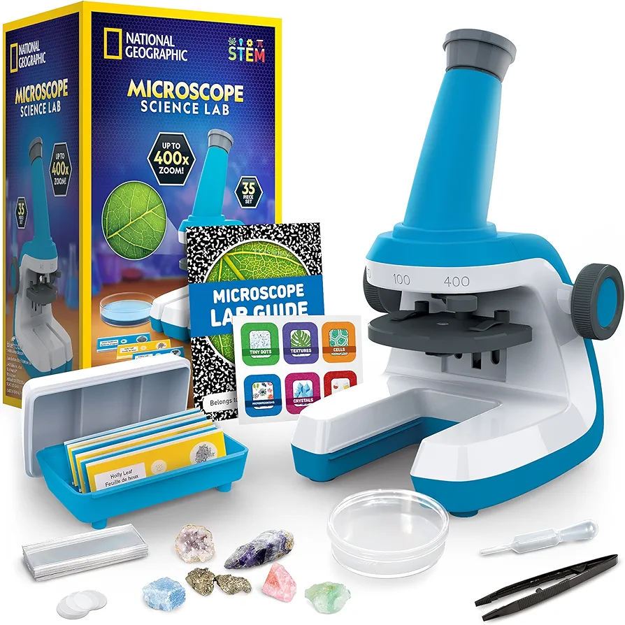 NATIONAL GEOGRAPHIC Microscope for Kids - Science Kit with an Easy-to-Use Kids Microscope, Up to 400x Zoom, Blank and Prepared Slides, Rock & Mineral Specimens, STEM Project Toy (Amazon Exclusive)