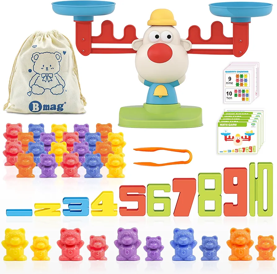 Bmag Balance Math Toys, 3 in 1 Counting Stacking and Balancing Math Learning Game for Kids, STEM Learning Activities Educational Toys with 30 Bears, 10 Numberblocks, 1 Tweezers, 11 Activity Cards