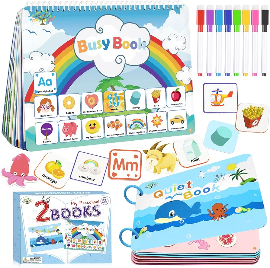 2 Packs Montessori Busy Book Preschool Learning Activities for Kids, Educational Toys for 3 Year Old Boys Girls, Autism Sensory Learning Travel Toys, Preschool Learning Toys for Toddlers 3-5 5-7