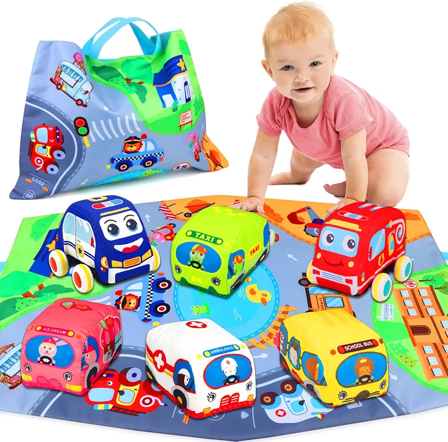 Soft Car Toys for 1 Year Old Boy Girl - Baby Toys 6 to 12 Months 12-18 Months Pull Back Car Vehicle Set with Playmat - 1st Birthday Gifts for Toddler Toys Age 1-2 - Baby