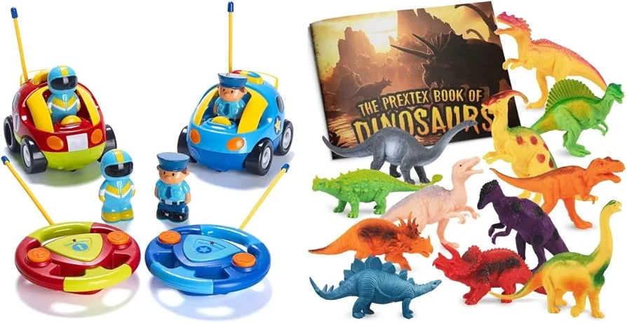 PREXTEX 2-Pack Cartoon Remote Control Cars, Police Car and Race Car and Dinosaur Figures for Kids 3-5+ (12 Plastic Dinosaurs Figurines with Educational Dinosaur Book)