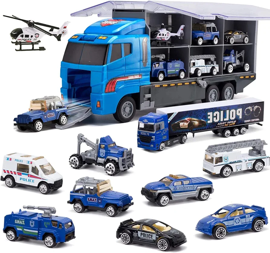 Joyfia 10 in 1 Police Toys, Die-cast Police Patrol Rescue Truck, Mini Police Vehicles in Carrier Car Toy Playset for 3+ Years Old Kids Boys Girls