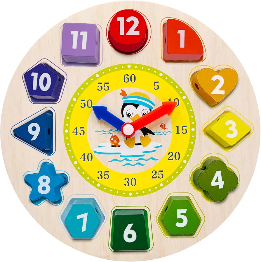 Wooden Shape Color Sorting Clock, Learning Time Activity Set, Montessori Toys for 3 Year Old, Number Blocks Puzzle, Penguin Patterns Wood Toys Learning Educational Gift for Toddler