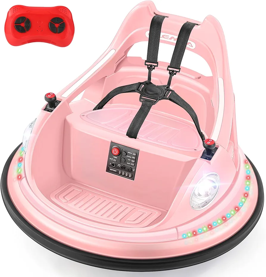 ELEMARA Bumper Car for Kids,1.9mph Max,12V Toddler Ride on Toys with Remote Control,2-Speed,2 Playing Modes,360 Degree Spin,Bumping Toy Gifts W/Bluetooth,5 LED Lights Modes,DIY Stickers,Pink