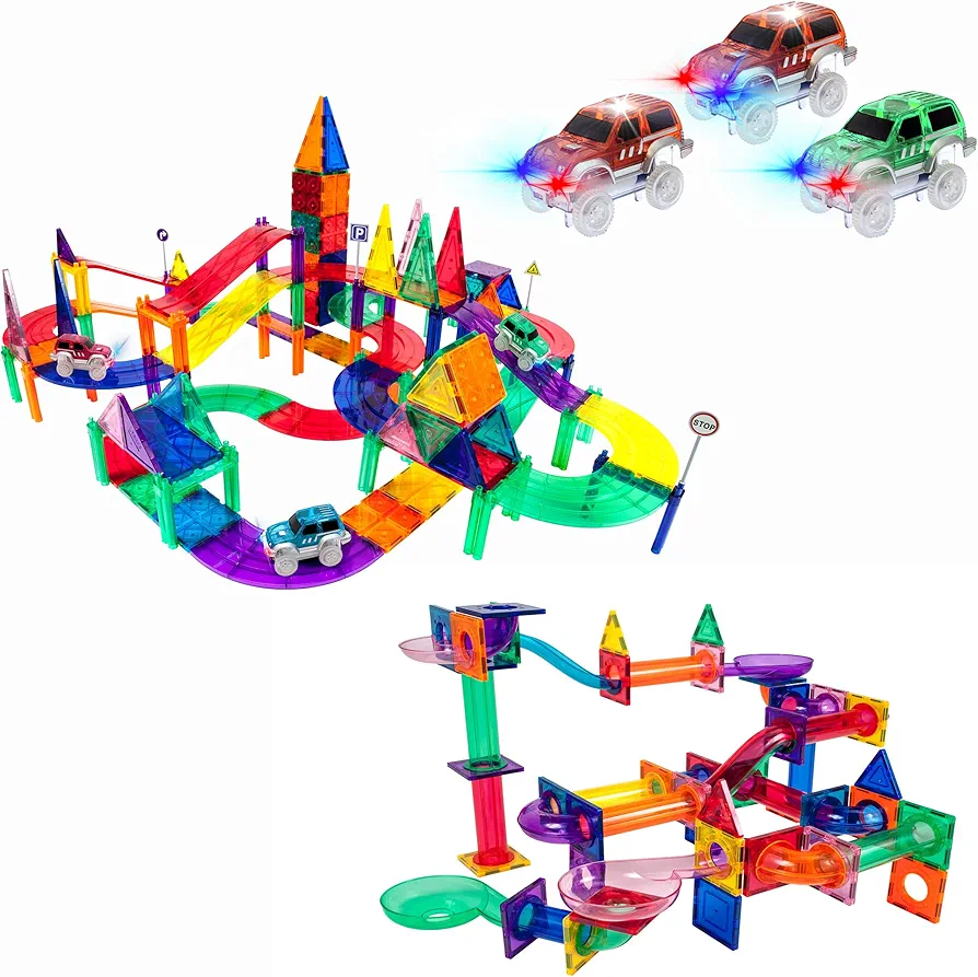 PicassoTiles 128PC Magnetic Race Car Track + 100PC Marble Run, Fun & Creative Playset: STEAM Learning, Enhance Construction Skills, Hand-Eye Coordination and Fine Motor Skills, Gift for Boys and Girls