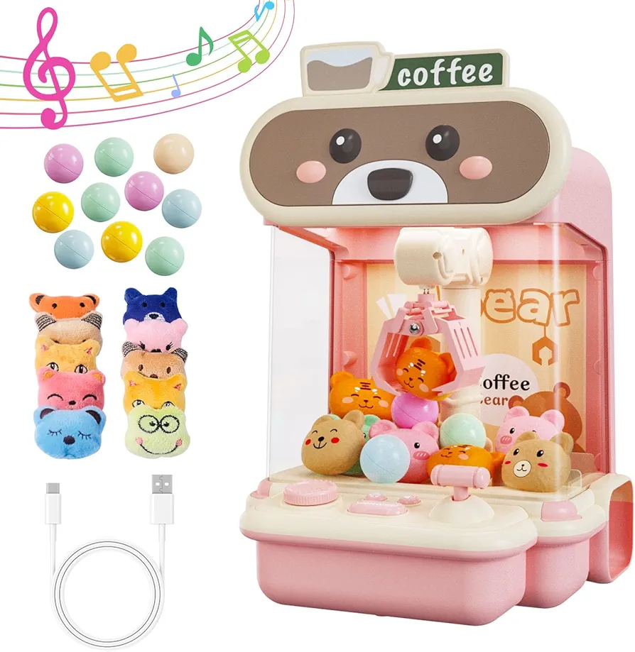 Claw Machine for Kids, Mini Vending Machines Candy Grabber Prize Dispenser Toys for Girls, Electronic Arcade Claw Game with Sound and 20 Mini Plush Toys for Christmas Birthday Gifts