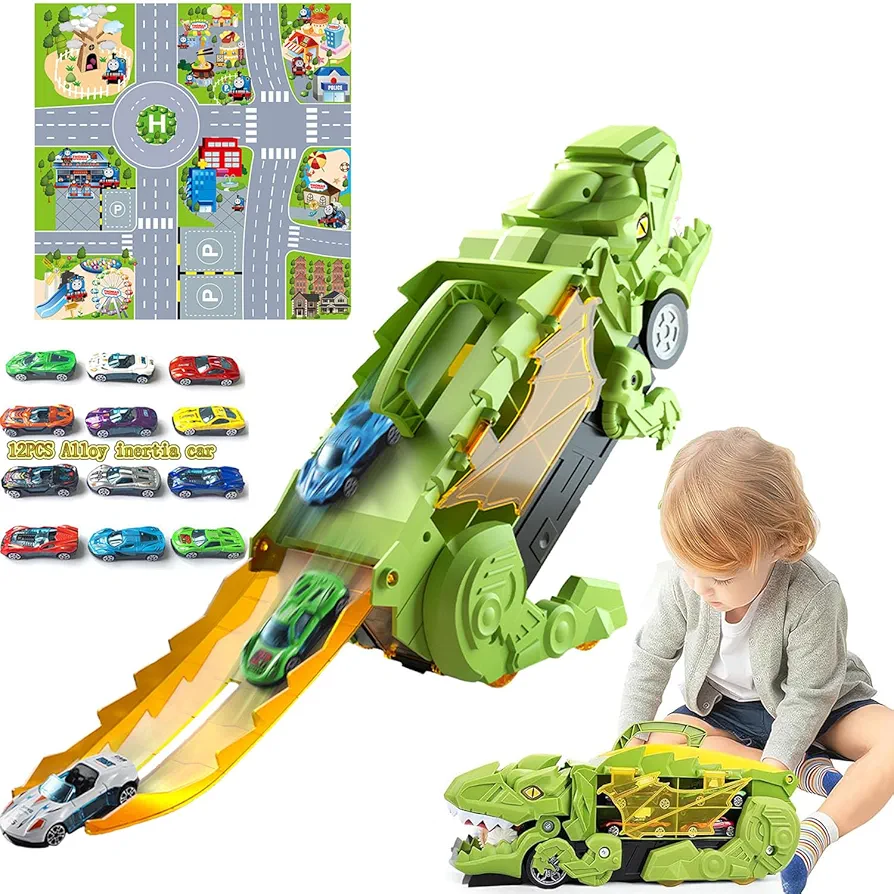 Dinosaur Truck Toys for Boys 5-7, Toy Cars with City Traffic Map, Dinosaur Transporter Truck with 12 Die-Cast Car Toys, Toddler Car Toys Set for 3 4 5 6 7 8 Year Old Kids Girls (Green)