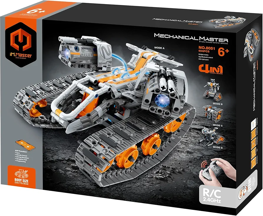 Mechanical Master - R/C 4-in-1: Tank Robot - 604pcs - Bricks Model Set: Tank-Robot-Cube-Car w/Remote Control, Building Blocks