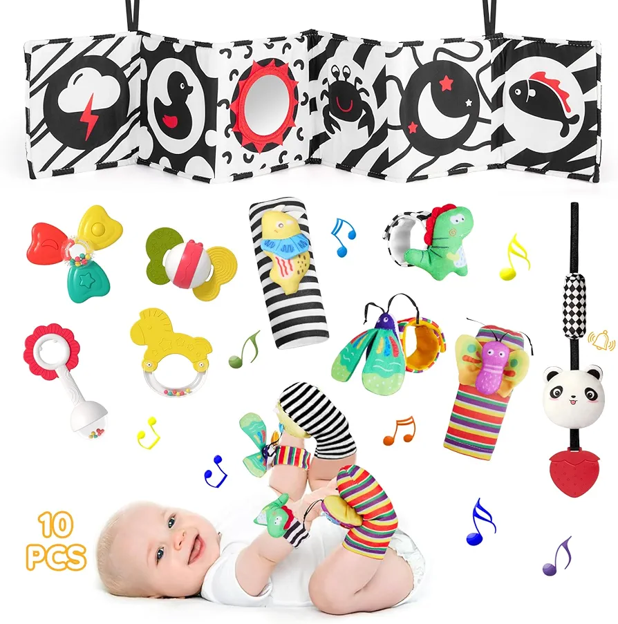 Baby Rattles 0-6 Months, Black and White High Contrast Baby Toys for Newborn, Montessori Toys Sensory Infant Tummy Time Toys, 0-3-6-12 Months Baby Boy Girl Teething Rattles Set Wrist Socks