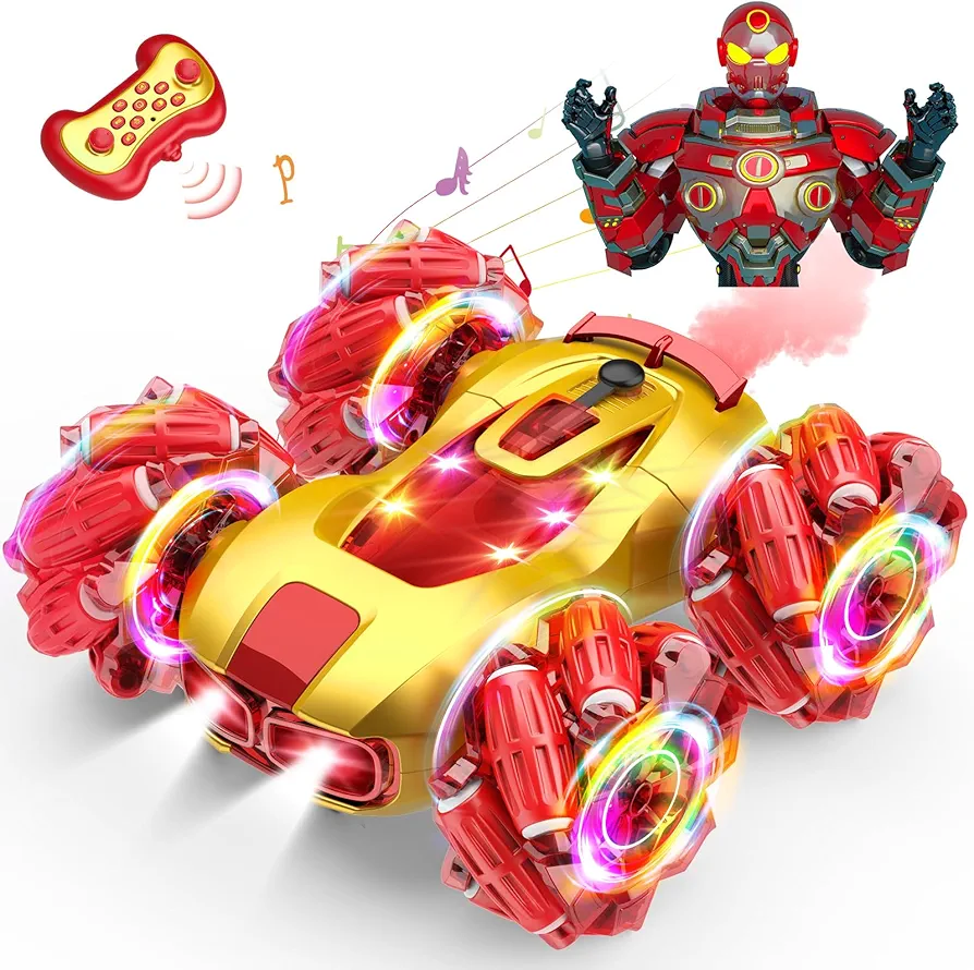 Iron RC Cars Kids Toys for 3-12 Year Old Boys, 360° Flips 4WD Remote Control Car 2.4Ghz Fast Stunt RC Cars with Music Spray Cool Light Birthday Party Xmas Gifts for 3-12 Boys Girls Indoor & Outdoor