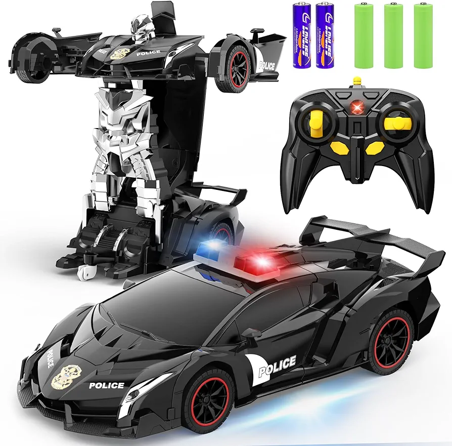 FDJ Remote Control Car - Transform Car Robot, One Button Deformation to Robot with Flashing Light, 2.4Ghz 1:18 Scale Transforming Police Car Kids Toys with 360 Degree Rotating Drifting, Toys Gifts