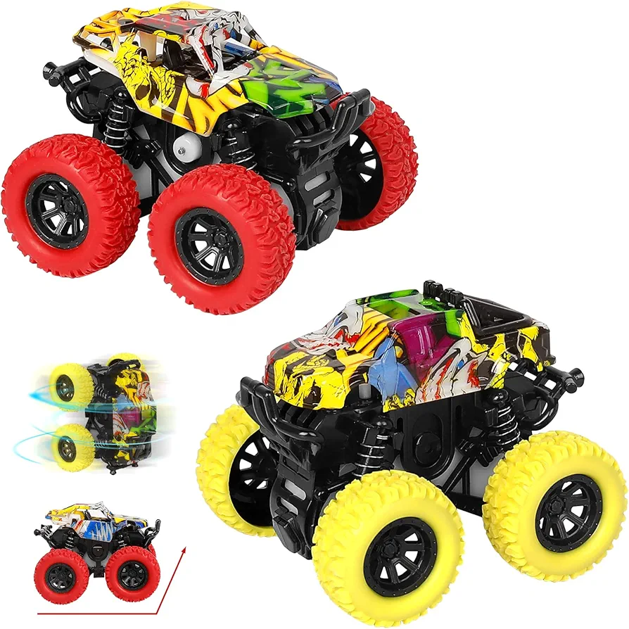 M SANMERSEN Car Toys for Toddlers 1-3, 2 Pack Monster Toys Truck 360° Rotating Stunt Cars - Push and Go Toy Cars Boys Girls Birthday Christmas Easter Gifts