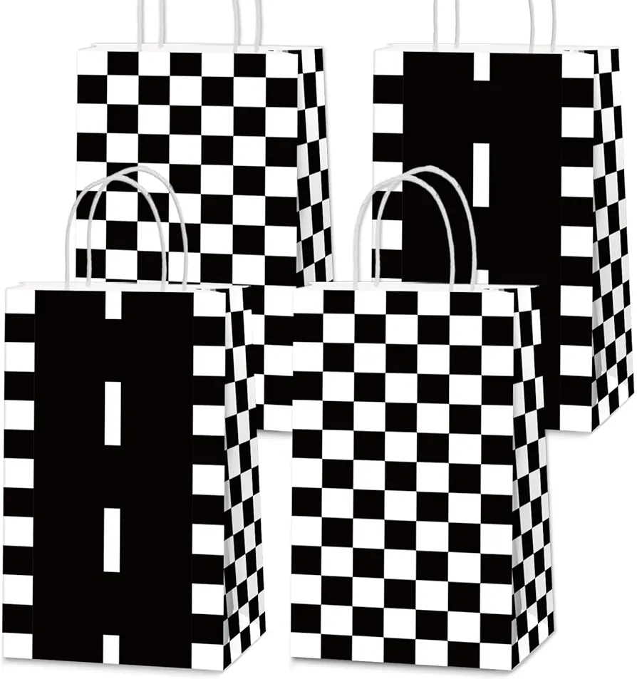 16Pcs Racing Car Treat Goodie Bags Black and White Checkered Gift Snacks Candy Party Favors Bags with Handles Racing Flag Bag for Kids Race Car Birthday Baby Shower Supplies 8.3 x 3.1 x 4.7