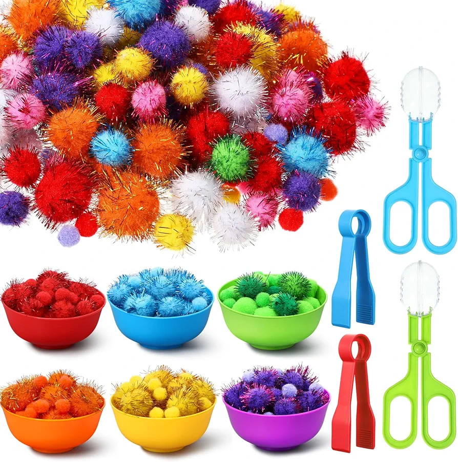 275 Pcs Fine Motor Toys Sensory Bin Filler Counting Sorting Set Include 265 Pom Pom Balls 6 Sorting Cups 2 Tweezers 2 Scissors Clips for Early Education Preschool Counting Toddler Montessori Toys