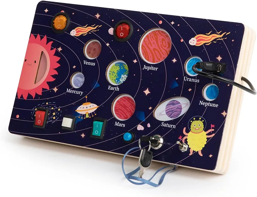 Montessori Busy Board for Toddlers Solar System Toddler Busy Board Sensory Activity Board Toys Light Switch Travel Toys for 1+ Year Old Boys & Girls Gifts, Wooden Busy Board, Travel Busy Board