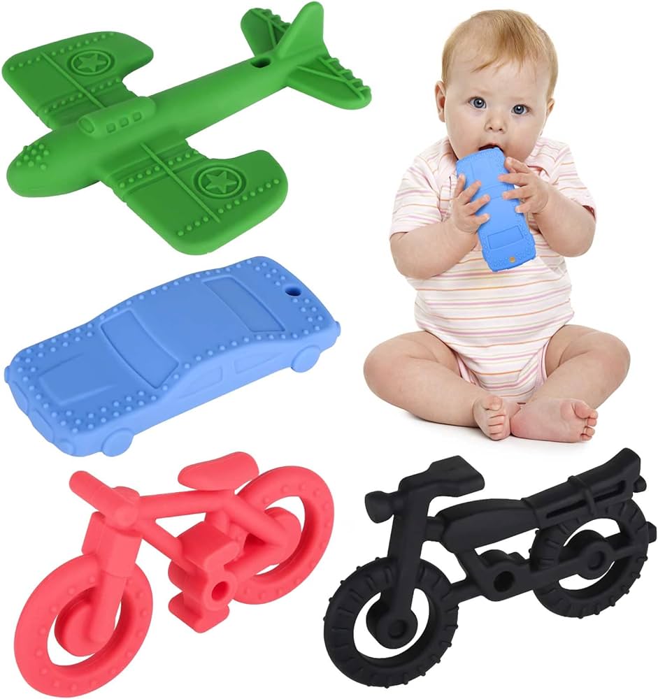 Fu Store 4-Pack Silicone Teething Toys for Infant Toddlers 3D Jet Plane Bike Car Shape Teethers for Babies Boys Girls Chew Toys Relief Soothe Babies Gums Set BPA Free Dishwasher Refrigerator Safe