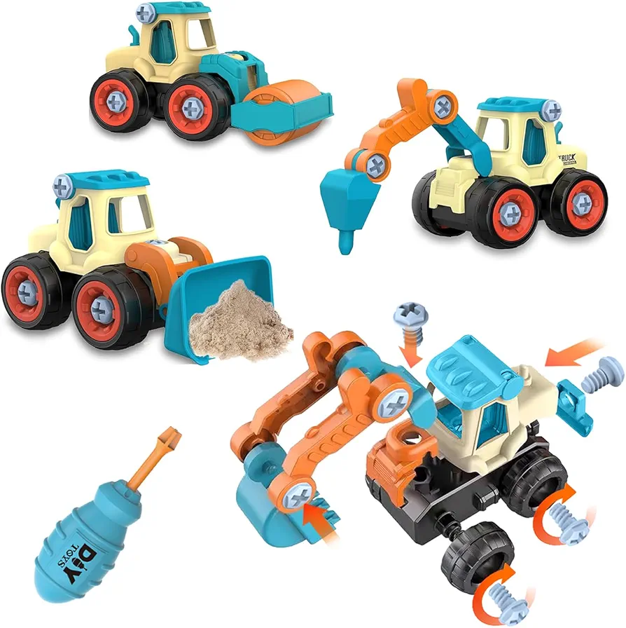 Take Apart Construction Toys, Drill, Roller, Bulldozer and Excavator Toys, Trucks for Kids Boys Girls Ages 3 4 5 6 7 8 year old, Educational STEM Toys Gift for Toddlers 3+