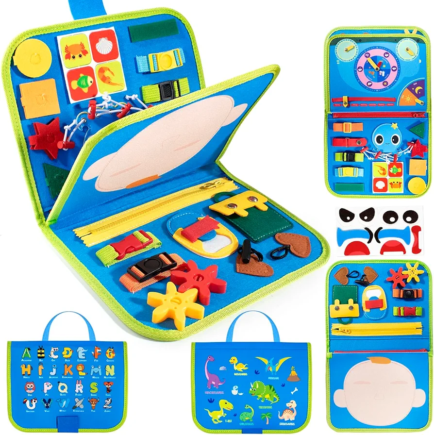 Busy Board Montessori Toy for 0 1 2 3 4 Year Old Toddlers, Sensory Board with Buckles for 0 Months Baby Education and Learning Fine Motor Skills, Travel Toys for Plane Car, Gift for Boys Girls