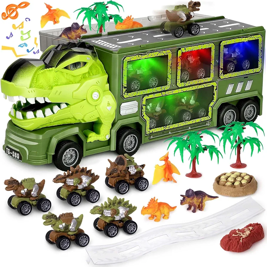 hatisan Dinosaur Toys Truck for Kids 3-5 Years, Tyrannosaurus Dinosaur Truck Toy with 8 Dino Figures, Transport Cars, Activity Play Mat, Dinosaur Eggs for Kids Toddle Boys Girls(T-rex Dino)