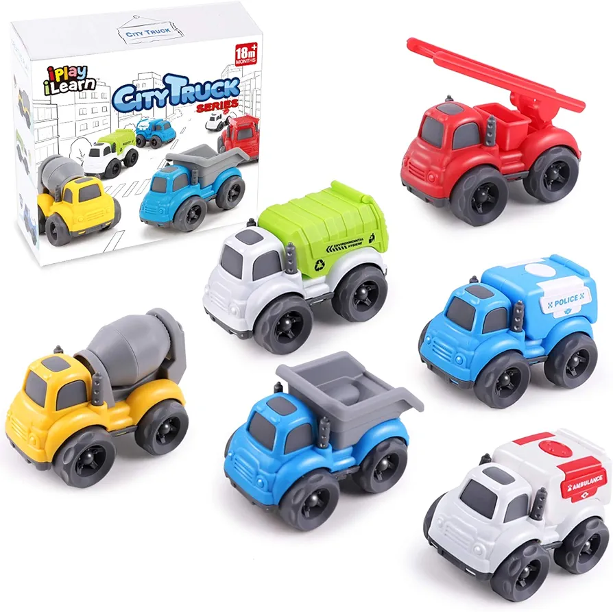 iPlay, iLearn 6PCS Friction Cars Toy for Toddlers 1-3, Small Push Go Trucks Kids Age 2-4, Mini Construction Vehicle Playset Dump Garbage Fire Truck, Birthday Gifts Cake Topper 12 18 24 Month Boy Girl