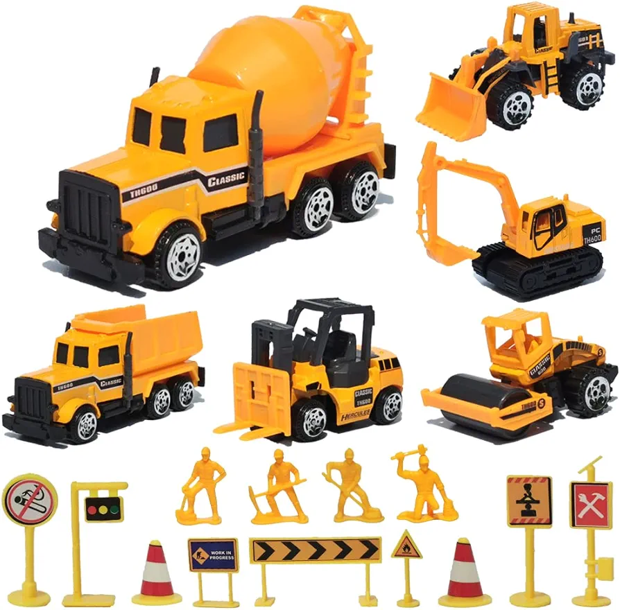 19 Pack Construction Toys，Mini Diecast Cars Play Sets Dumper,Bulldozers,Forklift,Tank Truck,Asphalt Car,Excavator,Engineering Worker,Construction Traffic Sign Set Toy for Kids Boys and Girls