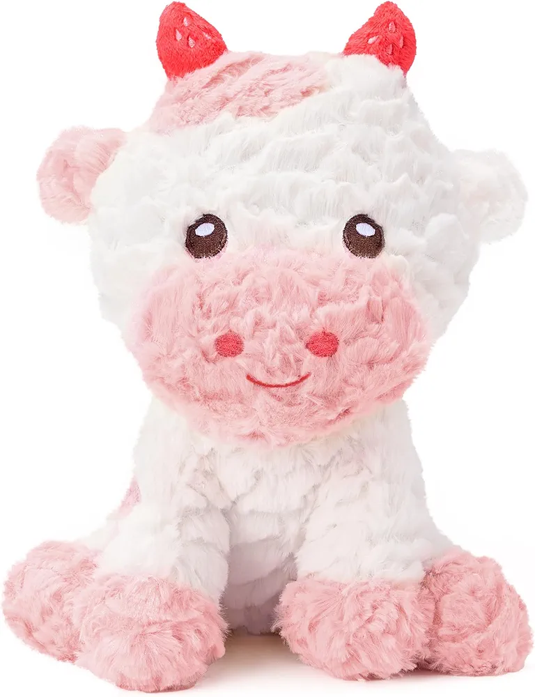 Pink Cow Stuffed Animal,Fluffy Cow Plush Toy with Strawberry Shaped Horns,Cute Stuffed Animals for Birthday Graduation Gifts,11inch