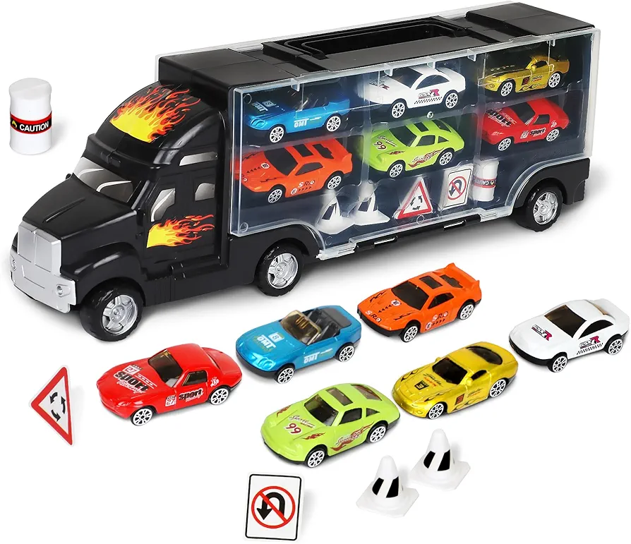 Playkidiz Car Carrier Toy Trucks for Kids - Car Transporter Toys Truck includes 6 Toy Cars and Accessories - Toy Car Carrier with 12 Car Slots Boys Girls