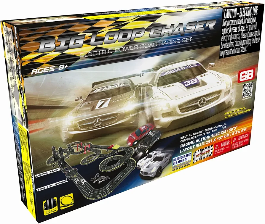 Big Loop Chaser Electric Powered Toy Road Racing Set - 2 Mercedes Benz SLS AMG GT3 Racing Cars Included - 4 Cars Total