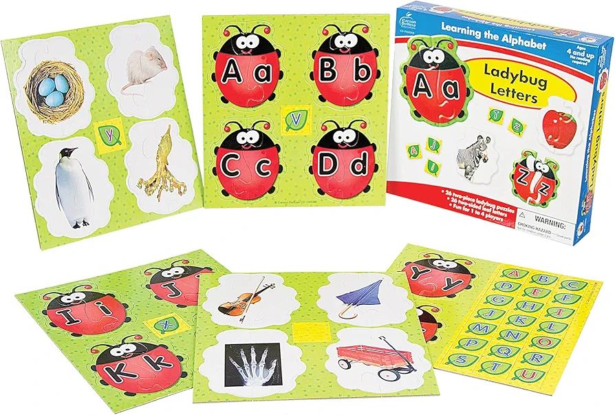 Carson Dellosa Ladybug Letters Alphabet Puzzle—Kids Alphabet Game With 26 2-Piece Ladybug Puzzles, 26 2-Sided Leaves With Alphabet Letters, 1-4 Players, Ages 4+