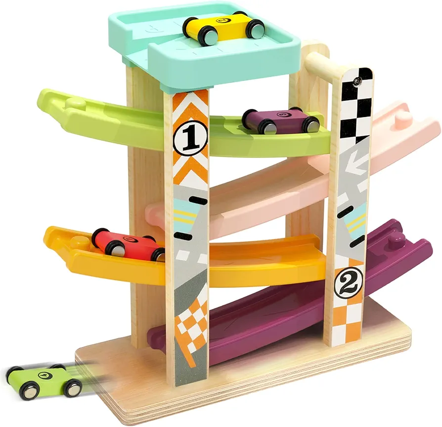 TOP BRIGHT Car Ramp Toy for 1 2 Year Old Boys Present, Car Race Track for Toddlers 1-3 with 4 Wooden Cars, Toddler Car Ramp Racer Montessori Toys