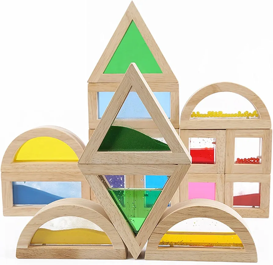 Rainbow Sensory Building Block Toys Toddler Wooden Blocks Preschool Children Wooden Geometric Stacked Toys Wooden Toys Set Colorful Preschool Learning Educational Toys for Boys and Girls