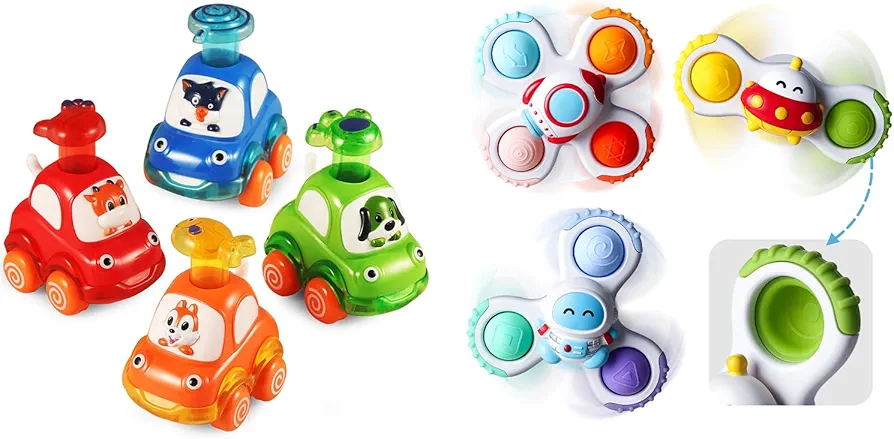 ALASOU 4 PCS Animal Car Toys and 3 PCS Suction Cup Spinner Toys for Infant and Toddlers