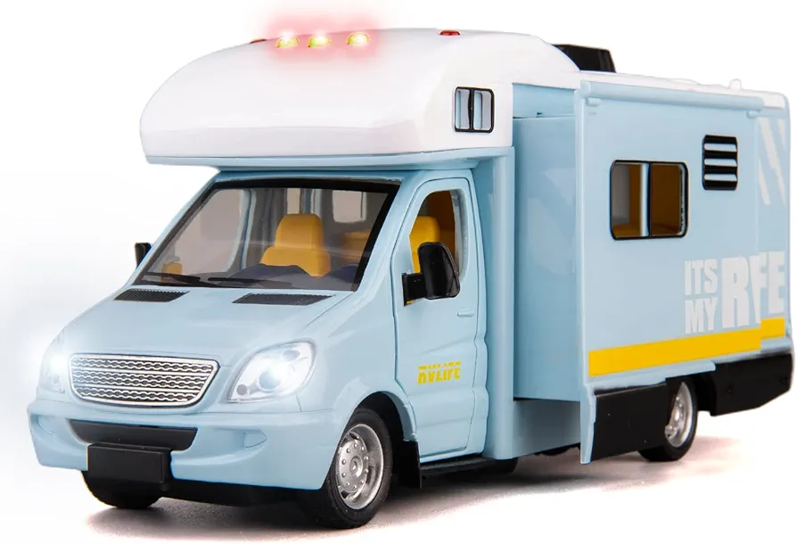 1/32 Toy Camper RV Motorhome Toys for Boys Girls Diecast Model Car, Pull Back Car with Sound and Light,Gift Collection for Kids Blue