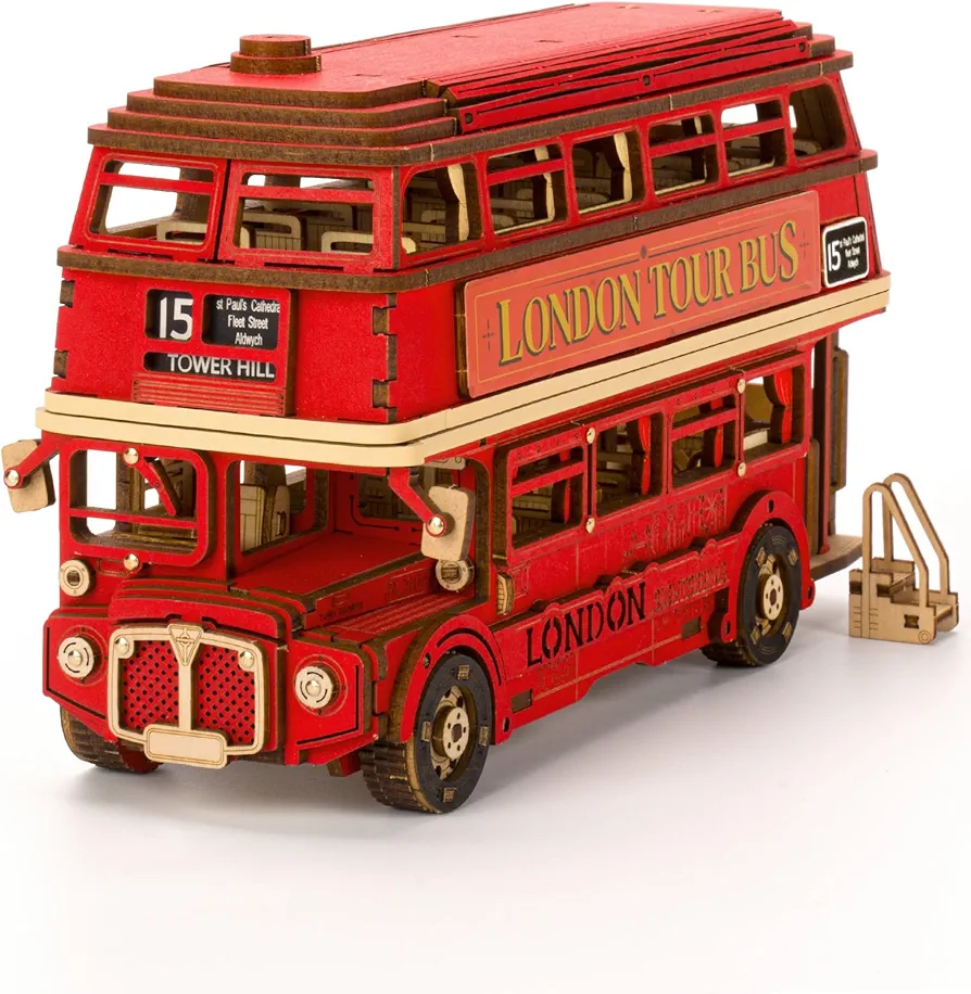 Rolife 3D Wooden Puzzles London Tour Bus 4.4" Wood Model Toy Car to Build Crafts for Adults Collectibles Gifts for Boys Girls