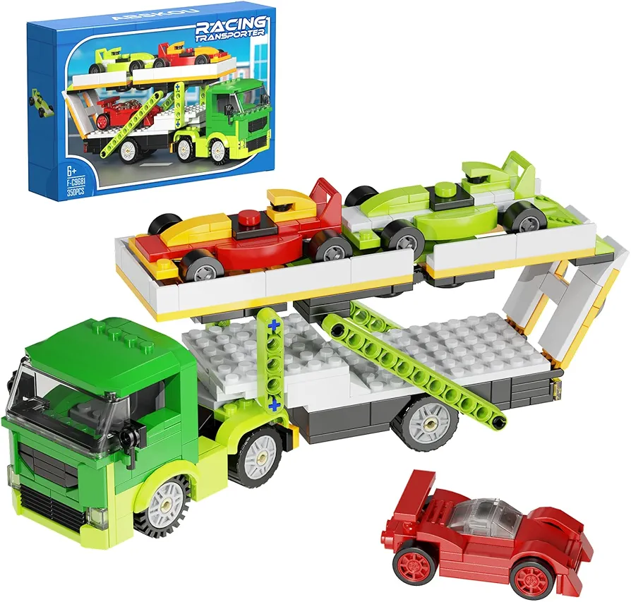 Transporter Building Kit, Compatible with Lego Car Carrier Truck Building Toys, with 3 Race Cars Toy, Great Gift for Boys and Girls Ages 6-12, Who Love Fun and Creative Building Toys