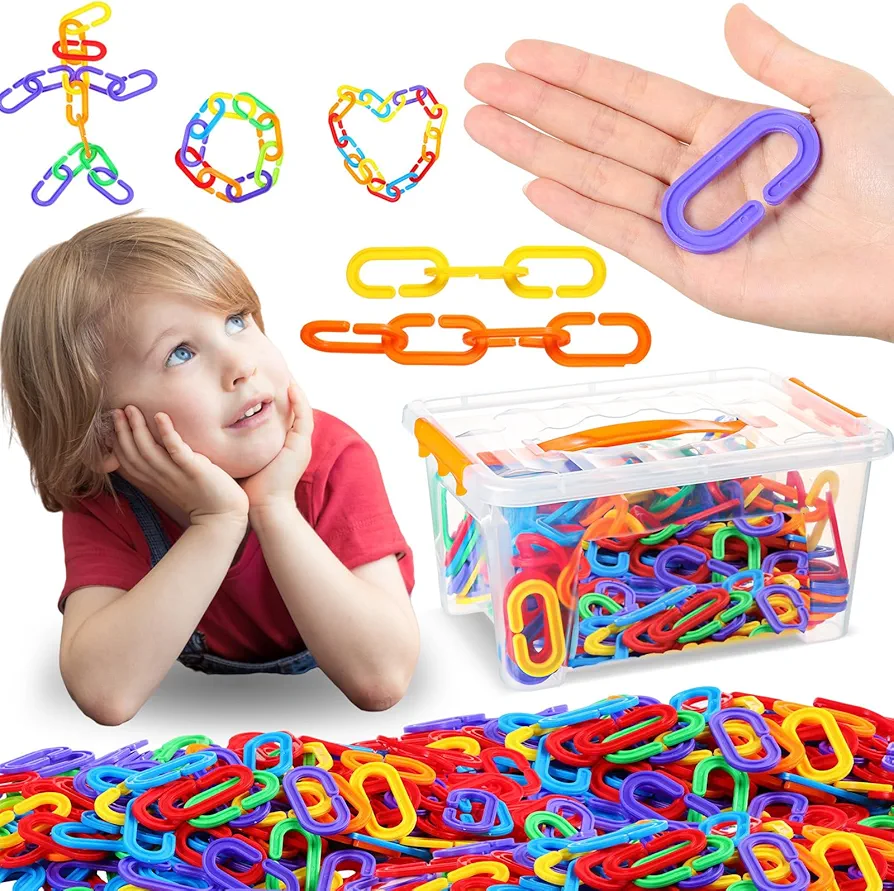 225 Pcs Large 2.3 Inch Chain Links Plastic with Storage Box for Math Manipulatives STEM Car Seat Toy Plastic Chain Links Rainbow C Clips Bulk Counting Toys for Boys Girls Classroom Preschool