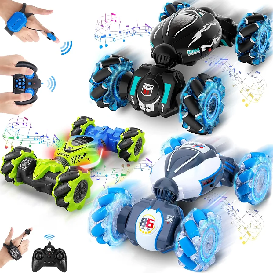 Gesture RC Stunt Car Toy for Kids 6-12, 2.4Ghz 4WD RC Car Off-Road 360° Rotate Drift with Lights Music, Birthday Xmas Gifts for Kids Aged 6 7 8 9 10 11 12, RC Car Toys for Boys Girls, 3 Cars