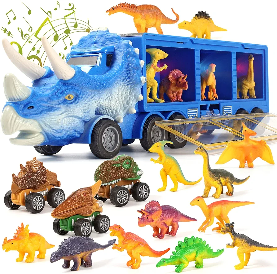 Dinosaur Toy Trucks for Kids - 28 Pack Dinosaur Toys Pull Back Cars Set with Flashing Lights, Music,Roaring Sound,Dinosaur Car with Cars Launcher Track for Boys Girls Age 3 4 5 6 7 8 Year Old (Blue)