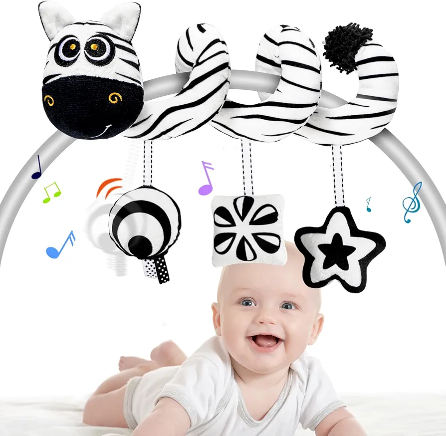 Baby Carseat Hanging Toys, Spiral Car Seat Toys for Babies 0-6 Months, Black and White High Contrast Toys for Newborn 0-3 Months, Sensory Rattles Toy for Infants Stroller/Crib/Bassinet