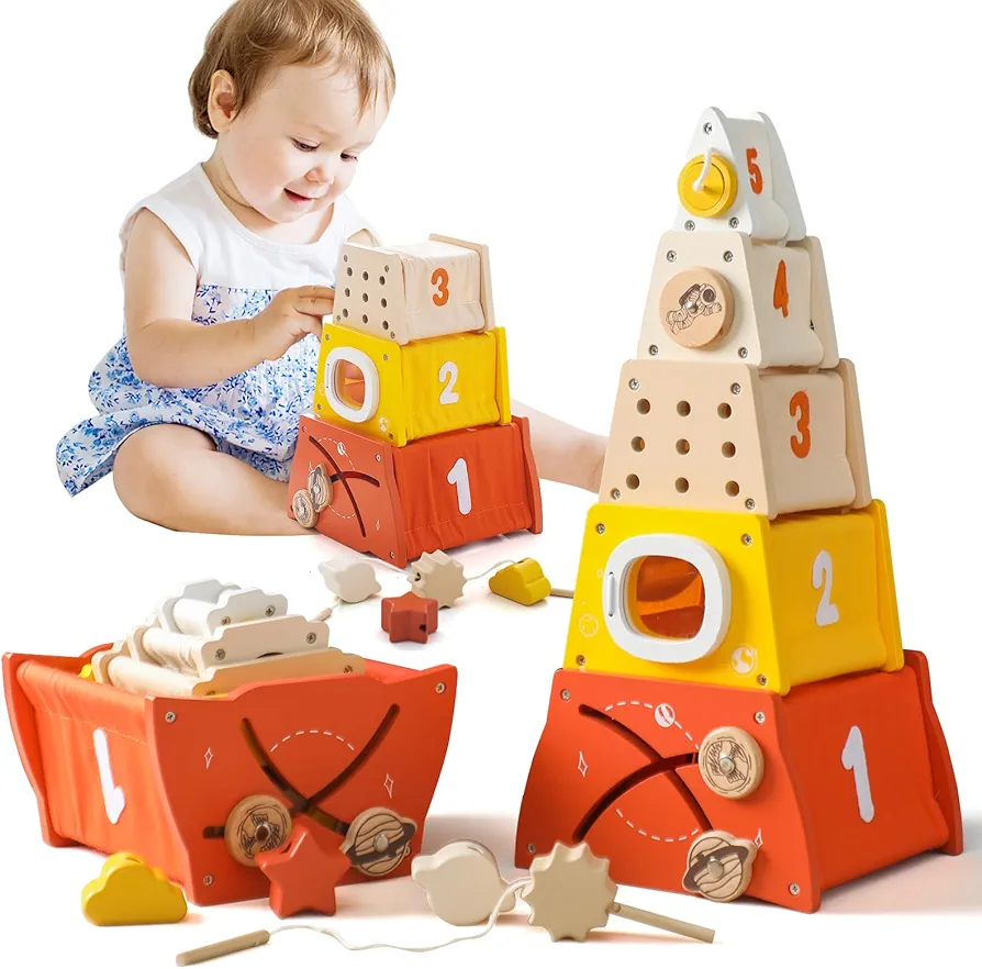 WOODEN TEETHER Stacking and Nesting Boxes Toy Sets Shape Sorting & Stacking Blocks for 1 2 3 Year Old,Stacking Busy Cubes Montessori Toys for Toddlers 1-3,Preschool Educational Nesting Boxes Toy