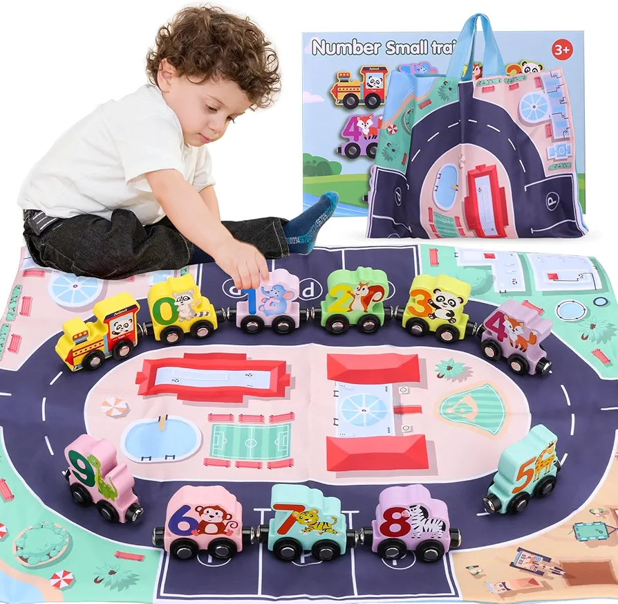 Toddlers Trains Toys for Ages 2-4: Magnetic Wooden Animals Train Set with Playmat/Storage Bag, Montessori Educational Toy for Boys Girls Kids Birthday Gifts Preschool Learning (Animal)