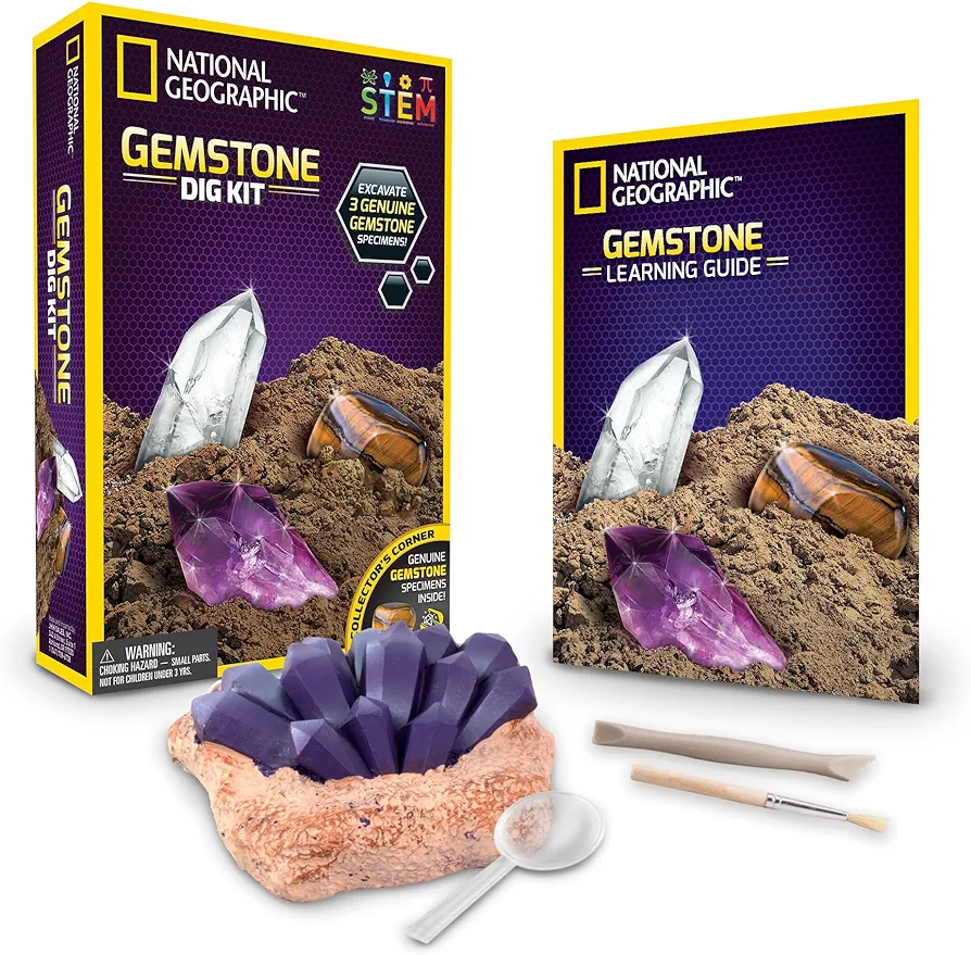 NATIONAL GEOGRAPHIC Gemstone Dig Kit – Excavate 3 real gems including Amethyst, Tiger’s Eye & Rose Quartz - Great STEM Science gift for Mineralogy and Geology enthusiasts of any age