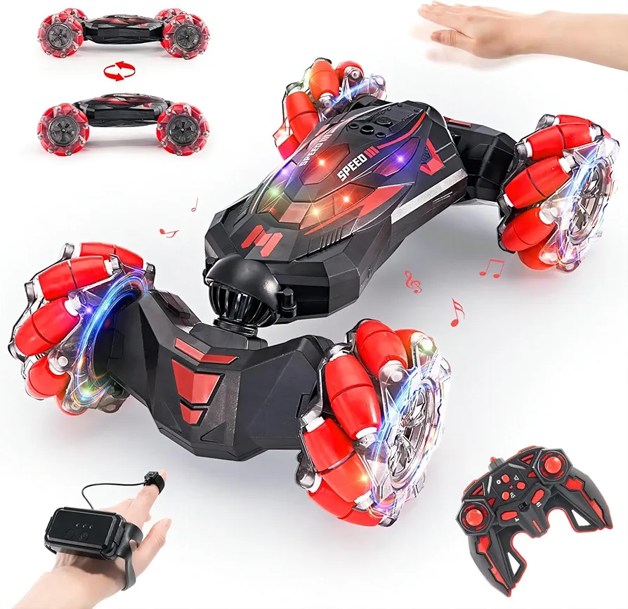 1:10Hand Controlled Rc Car, Remote Control RC Cars for Boys Girls, Toys Gifts for 6-13, 2.4GHz 4WD Gesture Sensing RC Stunt Car with Lights Music, Off-Road 360° Rotation，RED