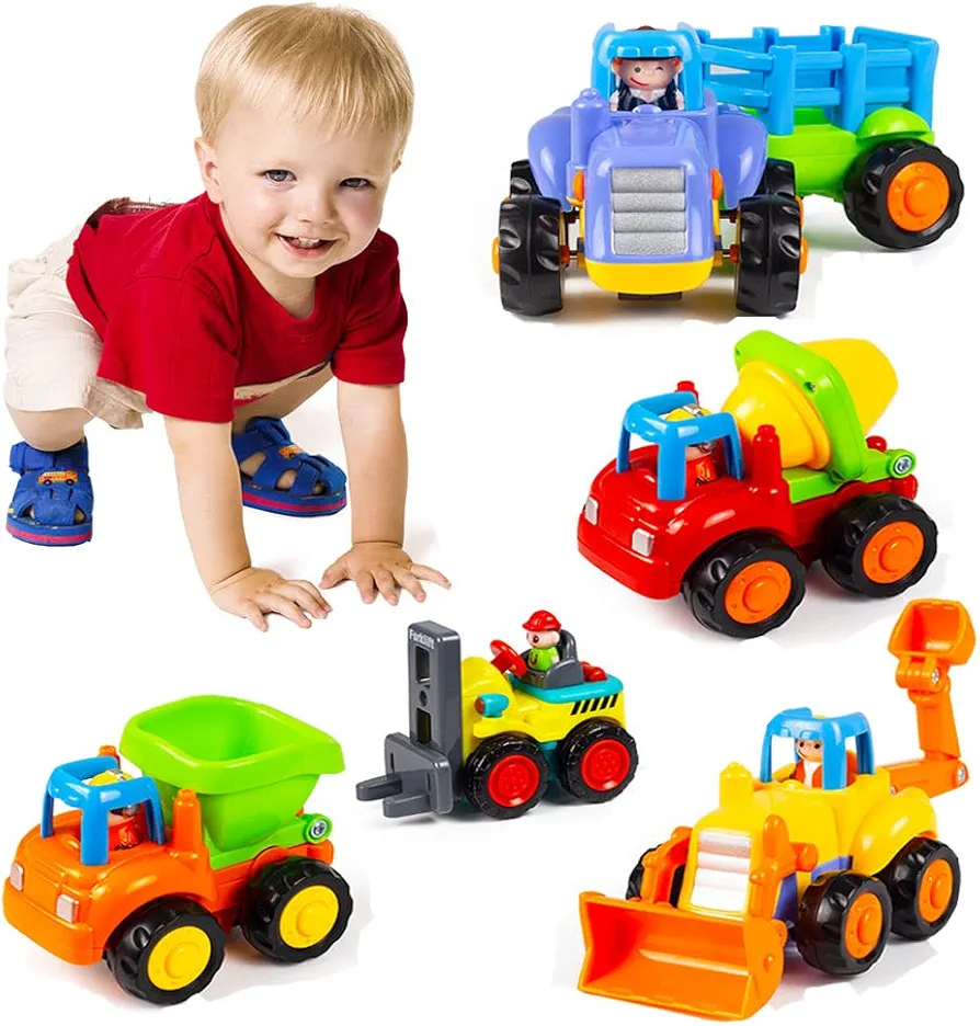 Push and Go Friction Powered Car Toys Set Tractor Bulldozer Mixer Truck and Dumper for Baby Toddlers