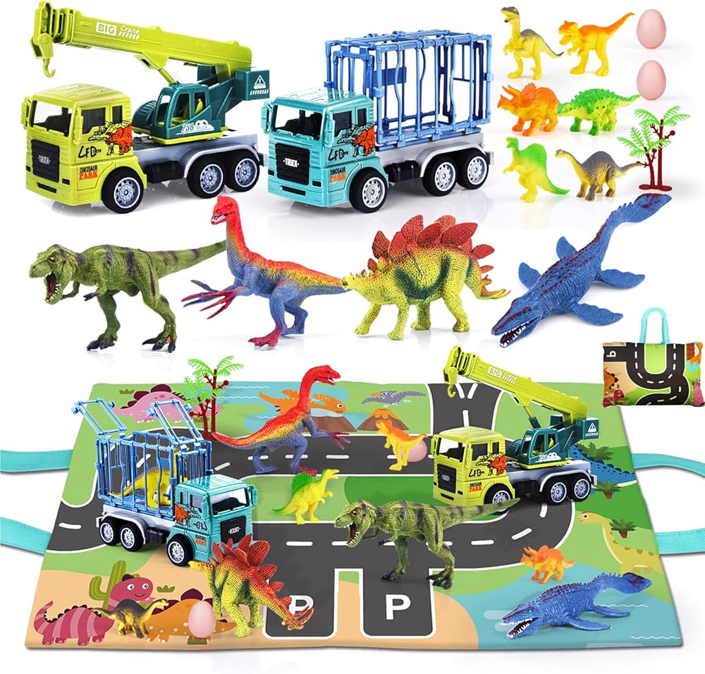 Dinosaur Toys for Kids 3-5: Small Transport Car Carrier Truck Crane Toy with 10 Dino Figures,Activity Playmat/Storage Bag|Dino Eggs & Tree,Capture Jurassic Dino Playset Toy for 3 Year Old Boy and Girl