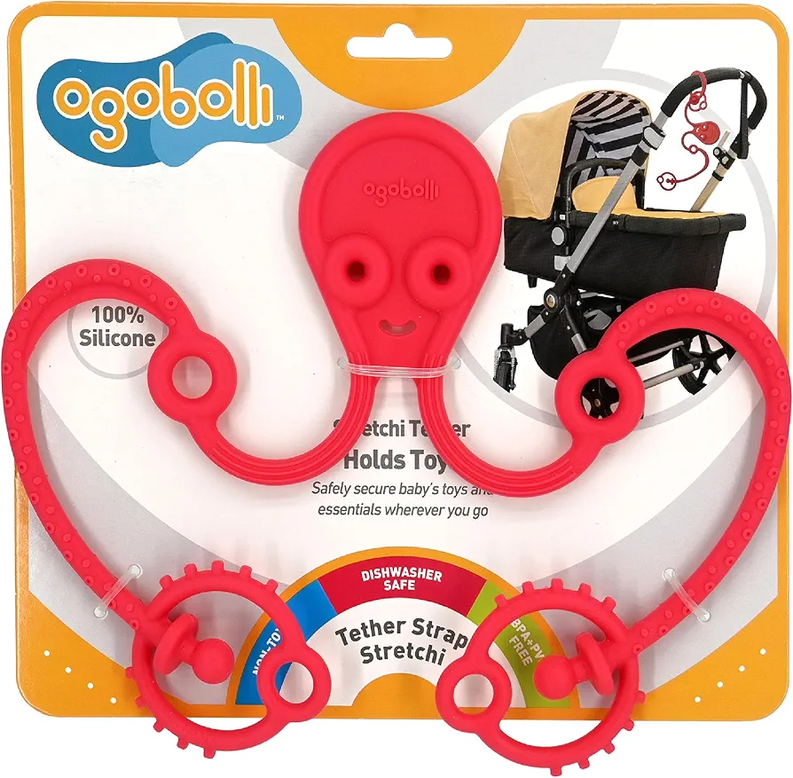 OgoBolli Stretchi Tether Toy Holder and Teether for Babies & Toddlers - Stretchy, Squishy, Soft, Non-Toxic Silicone - Boys and Girls Age 6+ Months - Red