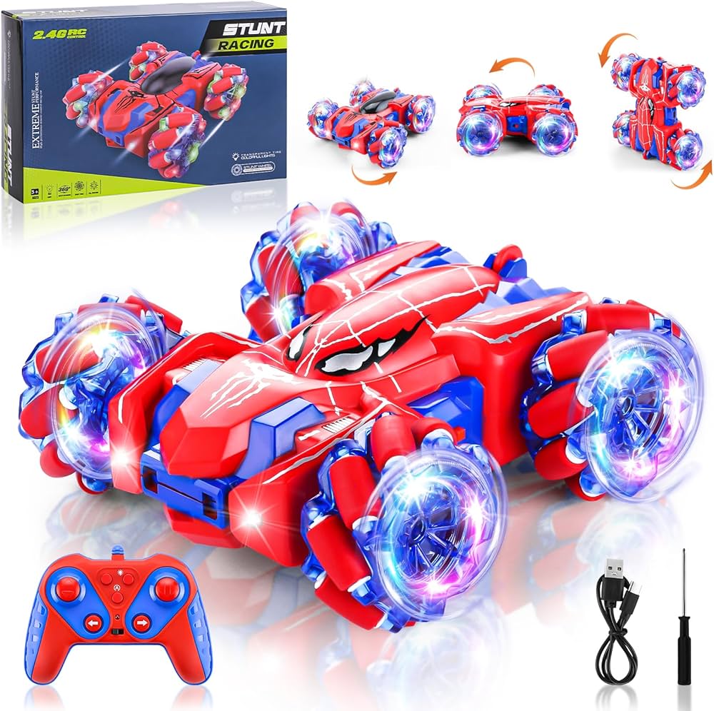 Spider Remote Control Car, 2.4Ghz RC Cars with HeadLight Double Sided Off-Road 360° Rotating RC Drift Car, Rechargeable Indoor Outdoor 4WD RC Stunt Car Spider Toys for Boys 4-6 5-7 8-13