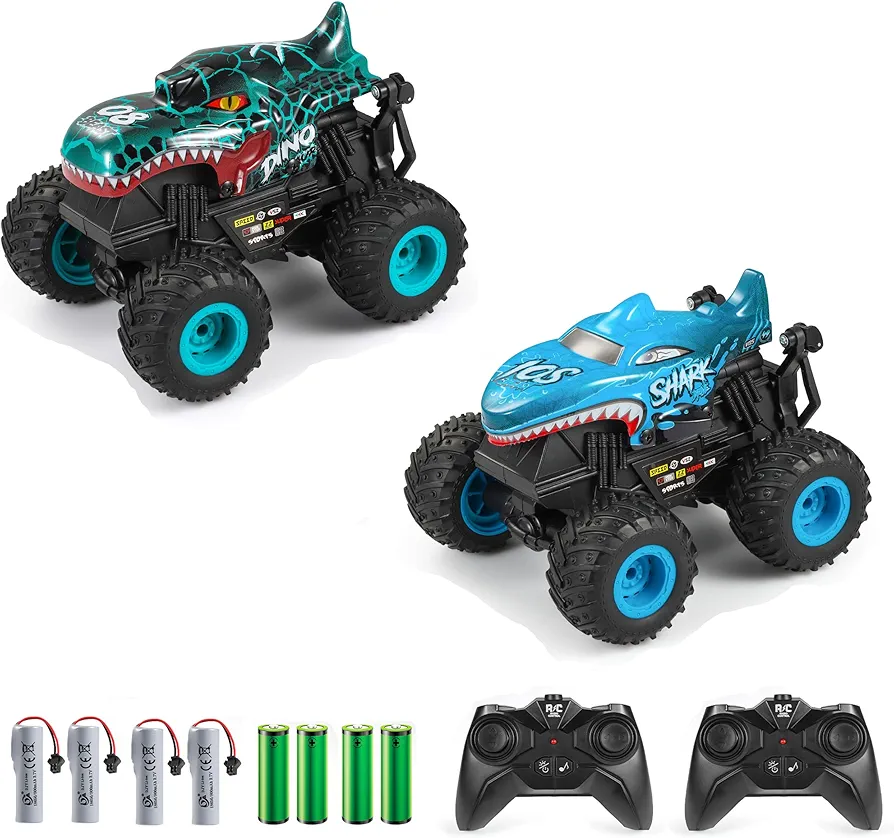 2 Pack RC Monster Truck, All Terrain RC Shark Car and RC Dinosaur Truck with Light&Music&360°Stunt, 2 Rechargeable Batteries, Toy Gifts for Boys and Girls