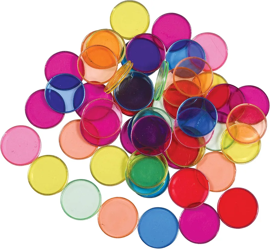 LEARNING ADVANTAGE-7253 Transparent Plastic Counters - Steel-Ringed - Set of 50 - Assorted Colors - Great for Kindergarten, Sensory Play and Light Panels