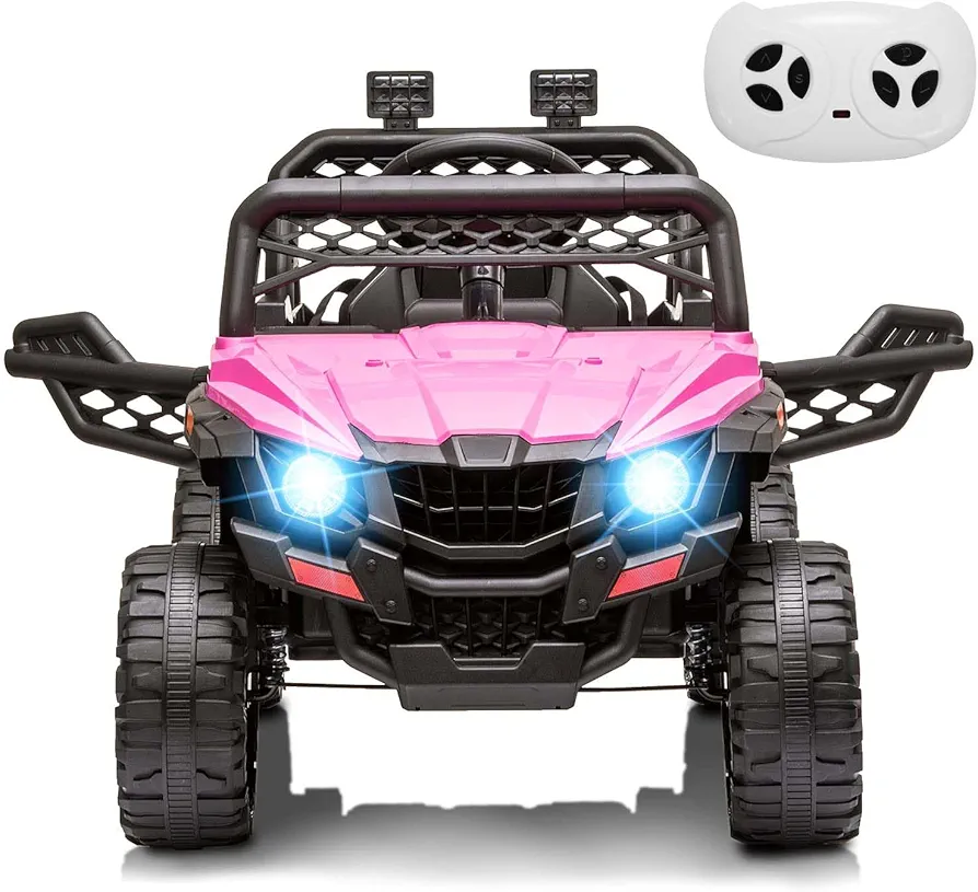 12V Kids Ride On Car Truck Parent Remote Control, Spring Suspension, LED Lights, Open Doors, Safety Belt, AUX Port, Music Pink Power Wheels Vehicle for Boys Girls